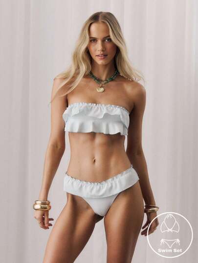 Aralina Women's 3pcs Summer Textured Micro Stripe Ruffle Bandeau Strapless Top And Bikini Two Pieces Set With Swim Bag Resort Vacation Beach Outfit