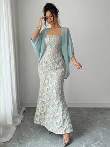 Elenzga Bộ gồm áo khoác voan mỏng nhẹ và váy đuôi cá xếp ly eo họa tiết hoa, thích hợp cho kỳ nghỉ và mặc hàng ngày. - màu xanh lá - Xem 3