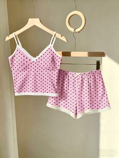 Resyla Bộ đồ nữ mùa hè kiểu dáng thường ngày: áo hai dây in chấm bi và quần short ren, gồm 2 món.