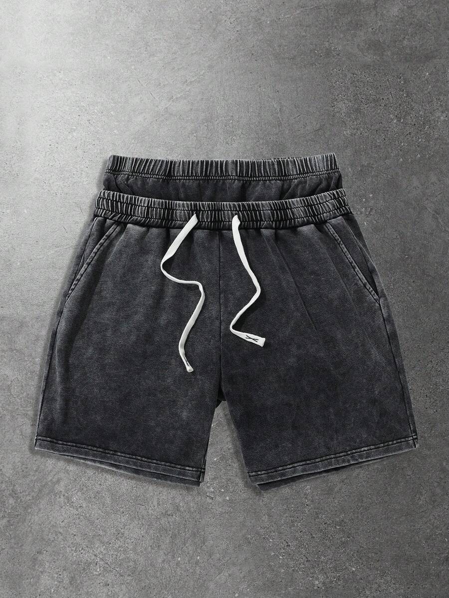 ROMWE MEN 男士街头风美式设计拼接腰带雪洗短裤 - 黑色 - 查看 1