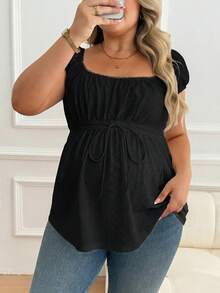 Plussiva 孕妇加大码方领系带镂空短袖上衣 - 黑色 - 查看 6