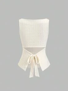 Sweetra 女士时尚百搭褶裥后系带纹理衬衫 - 米色 - 查看 2