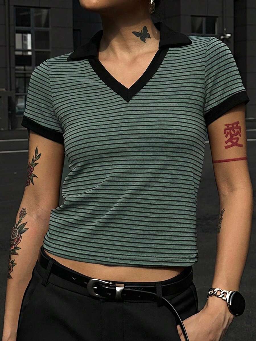 DAZY Women's Striped Short Sleeve Fitted T-Shirt - Green - View 1