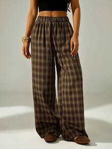 SHEIN PETITE Women's Brown Baggy Plaid Minimalist Casual Pants - Multicolor - View 6