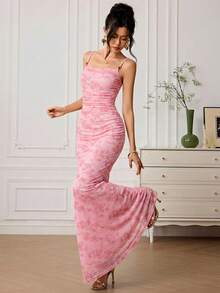 EastFlair Women's Elegant Floral Flocked Mesh Fishtail Dress, Summer - Baby Pink - View 3