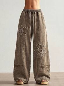 Bohemela Plus Size Patch Pocket Drawstring Waist Casual Wide Leg Pants Fall - Coffee Brown - View 6