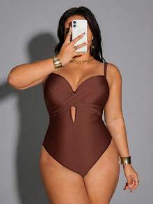 Shapewave Plus Size Women Solid Color Criss-Cross Sexy One-Piece Swimsuit - Coffee Brown - View 5