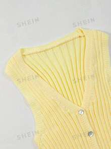 SHEIN PETITE 女士简约小码浅黄色短裤，修身夏季针织吊带背心，休闲开衫外套 - 淡黃色 - 查看 7