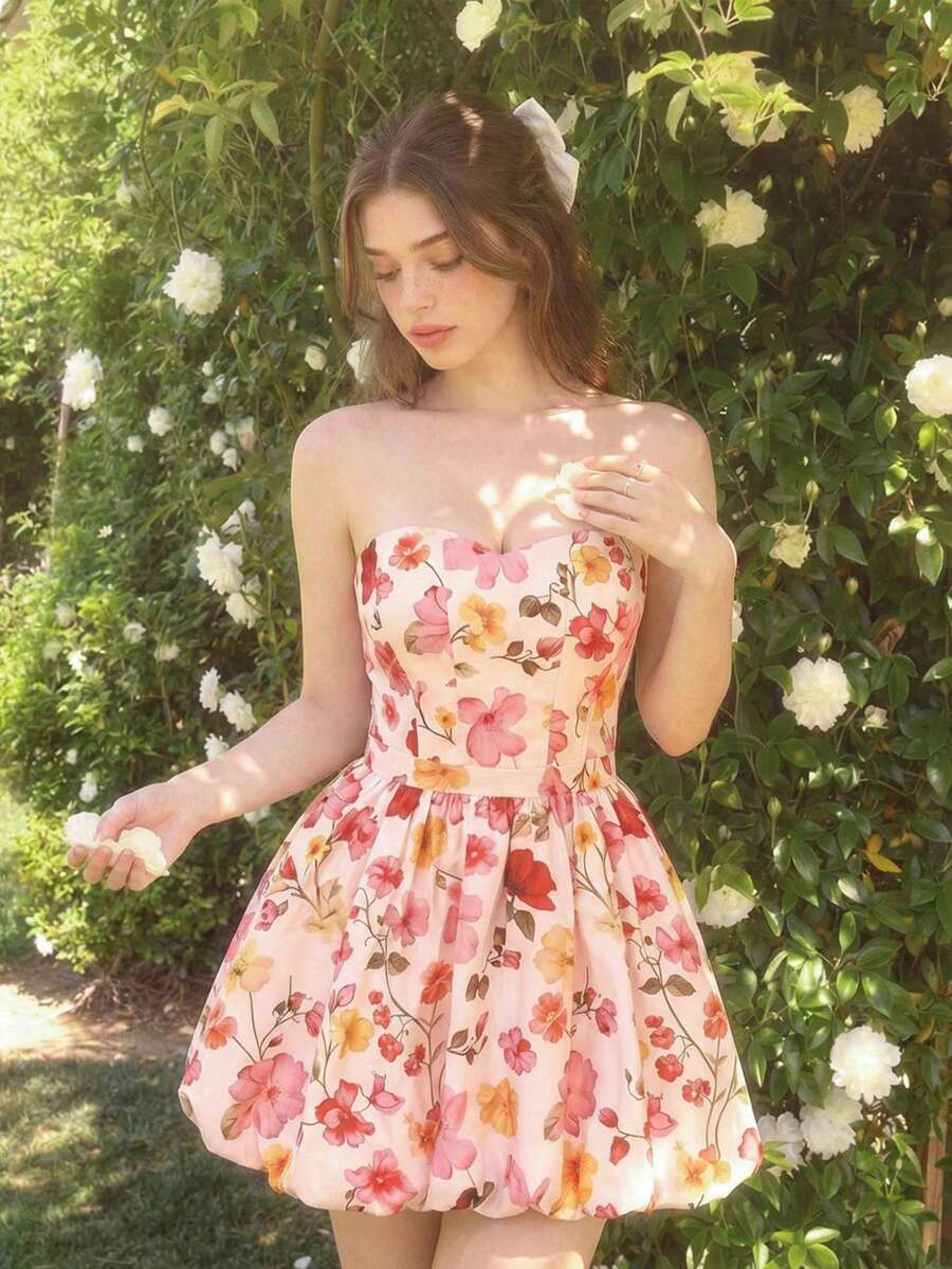 Joudiya Women's Elegant Floral Print Tube Top Mini Dress, Summer - Pink - View 1