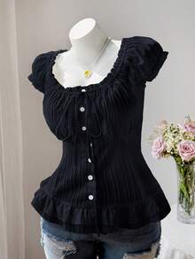 Sweetra Kemeja Musim Panas Lengan Pendek Kasual Lucu dengan Lengan Mengembang, Pinggang Diikat, dan Kancing Depan - Navy Blue - View 3