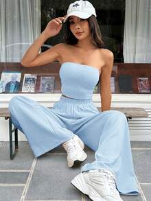 SHEIN EZwear 浅蓝色女士新款无肩带上衣和裤子套装 - 淺藍色 - 查看 5