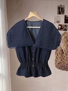 GlowEve Women's Casual Lace Trim Denim Blouse, Summer - Blue - View 2