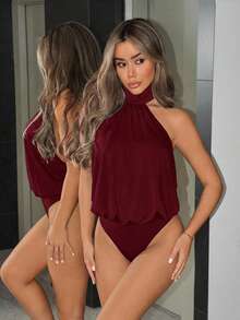 SHEIN ICON 女士高领露背多层连体衣 - 酒紅色 - 查看 4