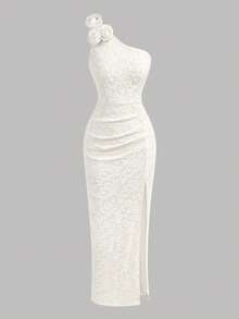 Pitira Vestido longo branco de renda com estampa floral 3D, um ombro só, cintura marcada e fenda alta para adolescentes. Ideal para festas e eventos formais luxuosos. Possui design plissado, modelagem justa e é perfeito para ocasiões formais elegantes, como casamentos e outras ocasiões. Perfeito para a temporada de casamentos. - Branco - Ver 4