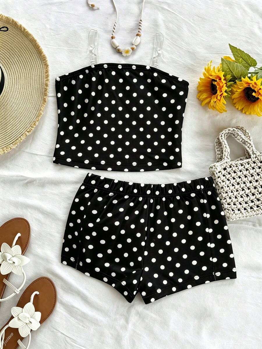 SHEIN Sparklyn Bộ 2 món phong cách Y2K mềm mại và ngọt ngào dành cho bé gái, áo croptop và quần short chấm bi, thích hợp cho kỳ nghỉ hè, du lịch và đi biển. - màu đen - Xem 1