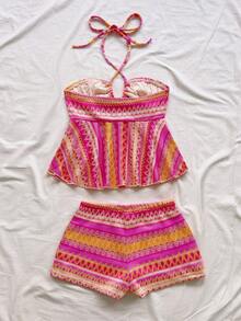 Soleia Women All-Over Print Halter Top And Shorts Casual 2 Pieces Set - Multicolor - View 2