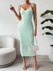 SHEIN Clasi 女士休闲纯色罗纹修身吊带毛衣连衣裙 - 薄荷綠 - 查看 5