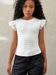 Tween Girls Summer Casual Vacation Home Patchwork Embroidery Lace Trim Textured Knit Fitted Cropped T-Shirt, White - White - View 5