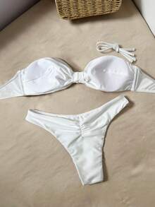 Swim Vcay 2件套纯色钩花边抹胸比基尼上衣和高衩泳裤性感泳装套装，春夏女士泳装，白色Zestiva泳装比基尼套装，白色比基尼套装泳衣2件套塑形泳衣 - 白色 - 查看 2