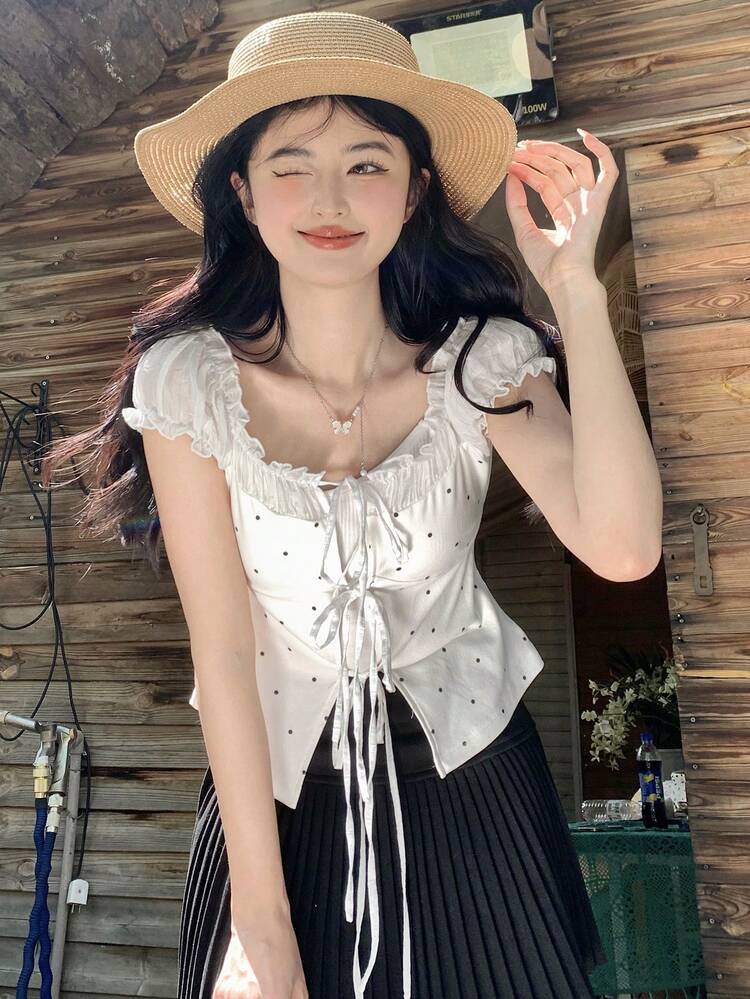 Women's Lace Patchwork Cinched Waist Short Sleeve Casual Vacation Blouse