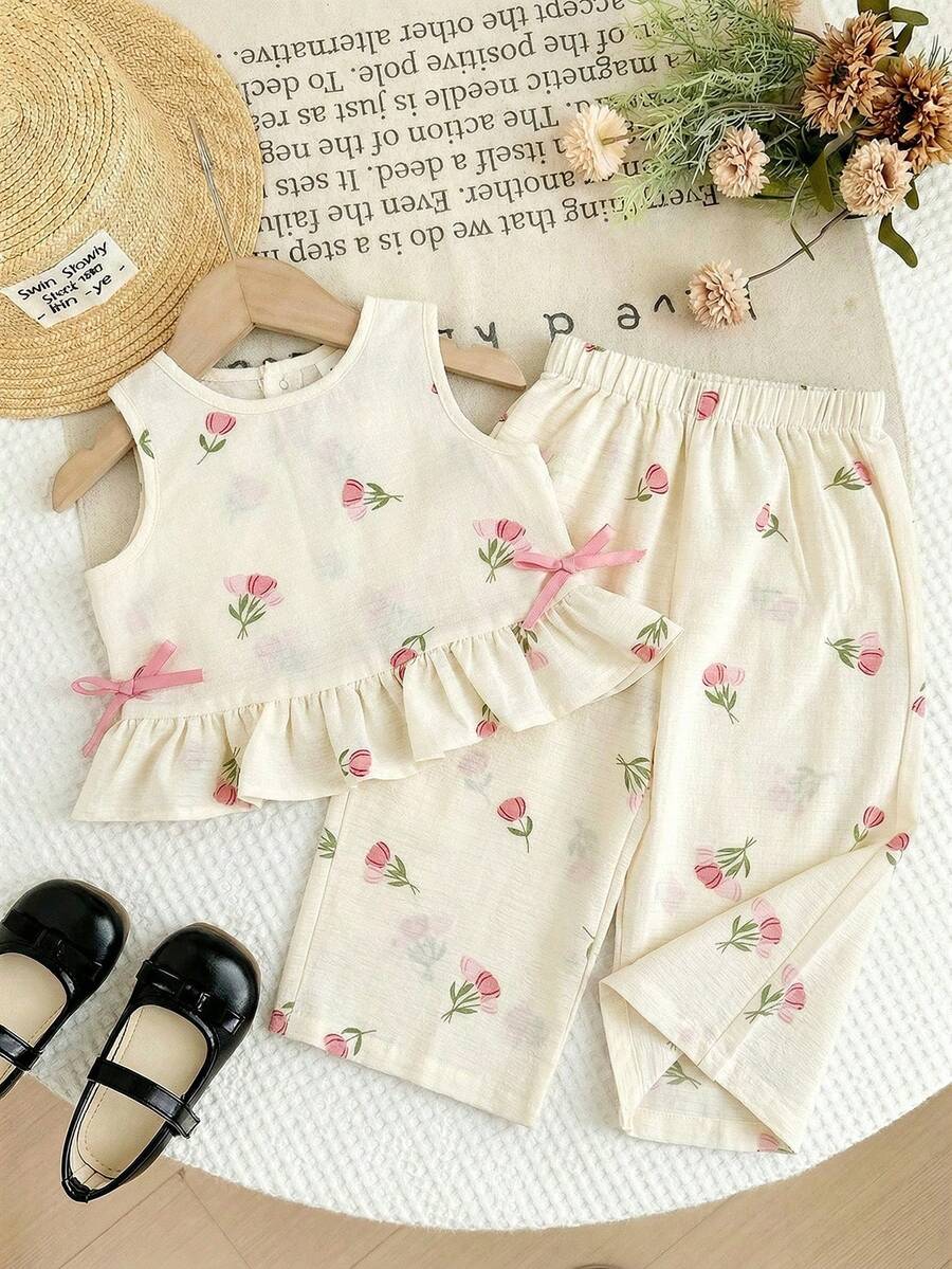 SHEIN LMoss Kids Baby Girl Floral Print Bow Decor Vest And Pants Set - Baby Pink - View 1