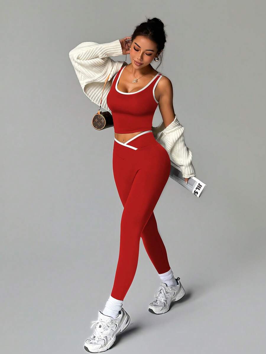 Easithlete Conjunto deportivo de mujer con colores contrastantes para yoga - Rojo - Ver 1