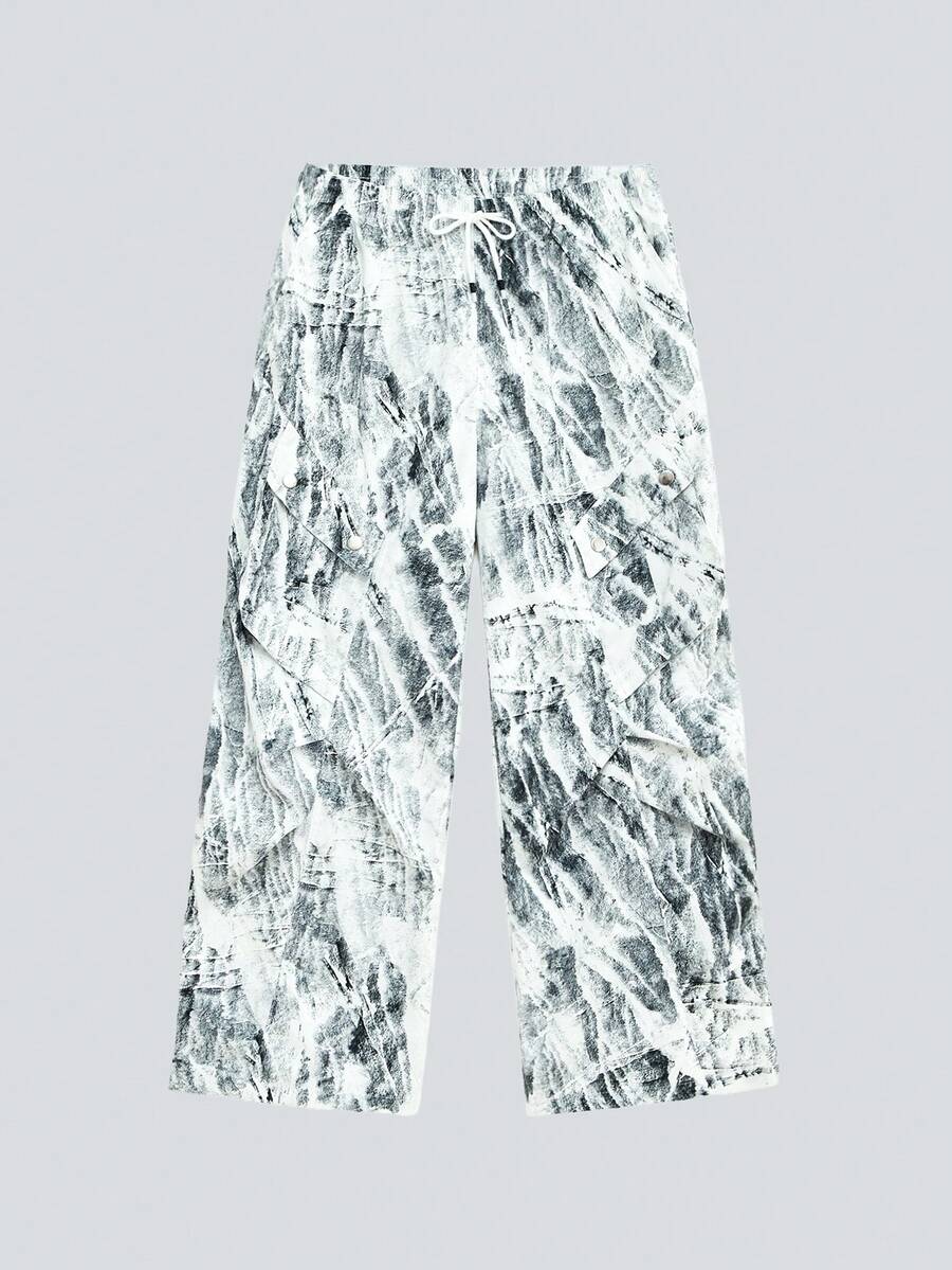 Modcrash 男士数码印花时尚百搭直筒阔腿工装裤，做旧裤，运动裤，伞兵裤，摩托车休闲裤，丝滑个性化迷彩工装裤，秋冬春夏皆宜 - 黑與白 - 查看 1