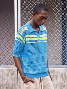 EVRINFINITE Áo polo tay ngắn cổ tròn dáng rộng, kẻ sọc rỗng, unisex, kiểu dáng công sở, lấy cảm hứng từ phong cách châu Âu/châu Á. - Màu xanh lam - Xem 8
