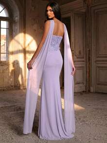Aureia Elegant Luxurious Beaded Sequin 3D Floral Lace Patchwork Stretchy Korean Net Ruched Fishtail Dress For Weddings,Parties,Galas&Formal Occasions - Violet Purple - View 2