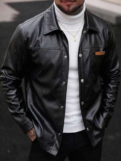 Manfinity Homme Men's Faux Leather Jacket, Valentine's Day Gift, Bomber Jacket, Motorcycle Style, Retro Men's Leather Jacket, Suitable For Motorcycle Riding And Outdoor Activities, A Great Gift For Boyfriends And Husbands, Professionally Designed Leather Jacket, A Must-Have For Men, Valentine's Day Gift, Suitable For All Seasons.Men Old Money,Daily Leisure, Weekend Trips, Outdoor Activities, Travel Expeditions, Relaxed Work Environments Or Semi-Formal Occasions, Boyfriend/Husband Gift, Anniversary /Birthday Gift Party Summer Vacation Holiday,Wedding,Spring To Summer,Easter,Y2k,Vintage,Mens Black Faux Leather Button Front Long Sleeve Jacket,Leather Jacket Men,Men Streetwear Jacket,Men's Leather Shirt Jacket,Men Black Jacket