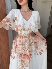 Modelyn 女士V领披肩式设计收腰喇叭形印花雪纺连衣裙 - 粉色 - 查看 4