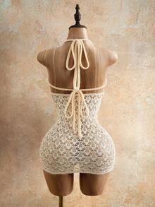 Women's Summer Vacation Beach Boho Dress With Hollow-Out, Pearl Decor & Sexy Tie Back Design - Apricot - View 2