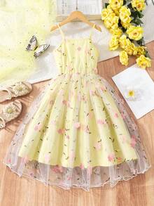 SHEIN Vestido de tirantes de malla bordada para niñas - Multicolor - Ver 3