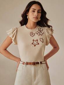 Anewsta Women's Casual/Work Wear Tee With Ocean Embroidery Pattern, Bubble Sleeves, Beaded Decor, Spring/Summer - Khaki - View 6