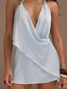 Athîral Women's Casual Camisole Sleeveless Sexy Elegant Solid Color V-Neck Satin Light Blue Mini Dress, Summer Party Dress, Daily Date Party Dress - Baby Blue - View 6