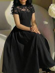 Teen Girl Spring/Summer Elegant Lace Patchwork Long Dress, Dress With Stand Collar, Short Sleeve, Cinched Waist, Ruched Full Skirt, - Black - View 6