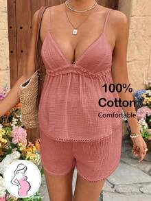 SHEIN Bộ đồ bầu mùa hè tối giản gồm áo hai dây và quần short. - Bụi hồng - Xem 7
