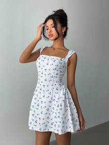 Aloruh Vestido mini elegante de mujer con cuello cuadrado sin mangas y estampado de cerezas, para verano - Celeste - Ver 5