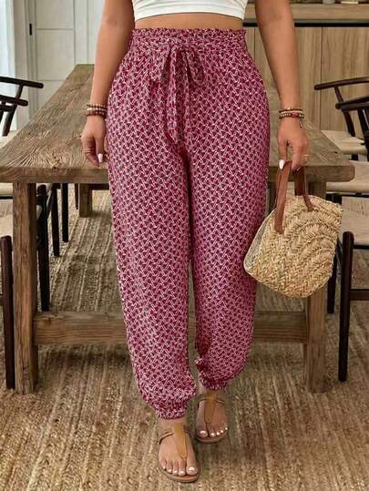 SHEIN Frenchy Pantalon à taille nouée avec imprimé géométrique pour femmes grandes tailles, vacances