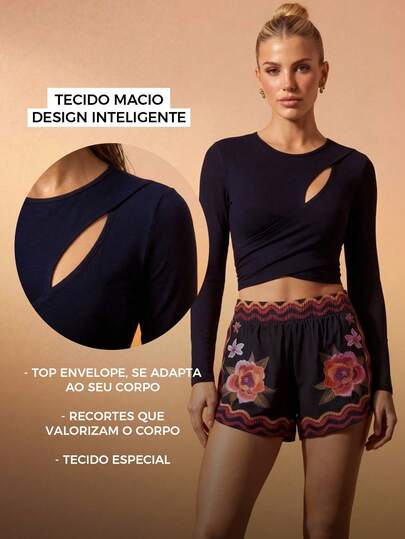 CAJUNI 女士纯色镂空褶皱圆领长袖运动T恤