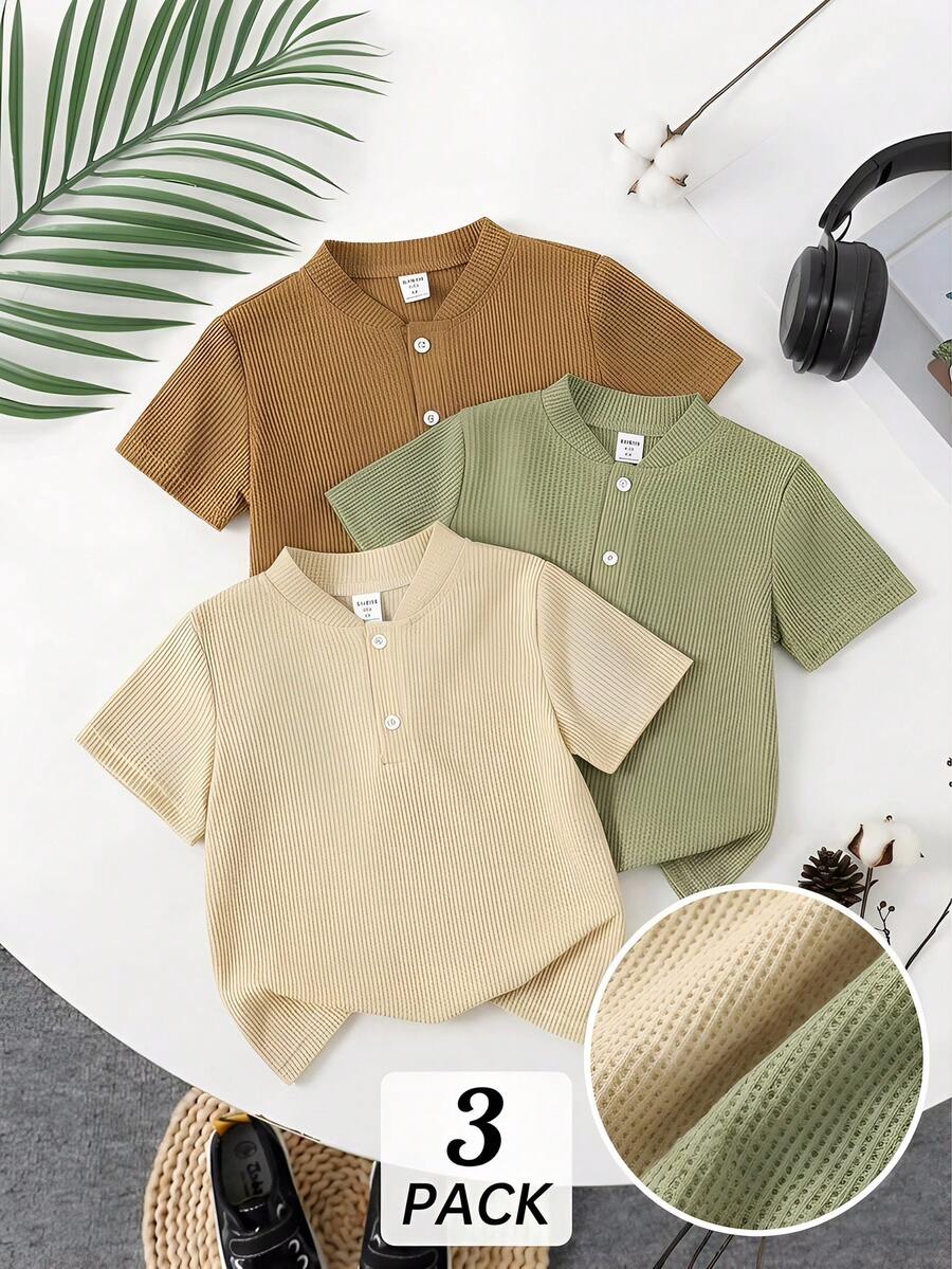 SHEIN Playful Pals 3 áo thun polo Henley ngắn tay cho bé trai, phong cách Quiet Luxury, kiểu dáng tiện dụng thanh lịch, màu khaki tông rừng, gân nổi, cài nút, chất mềm nhẹ, mặc thường ngày, đi lễ, đi chơi, mùa hè xuân thu - Nhiều màu - Xem 1