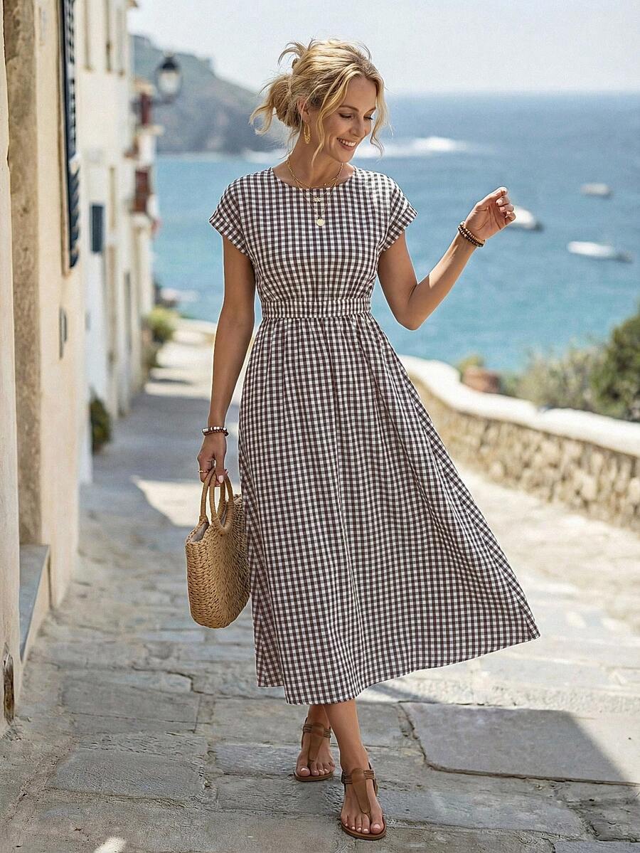 Women's Plaid Print Round Neck Short Sleeve Dress, Summer - Brown - View 1