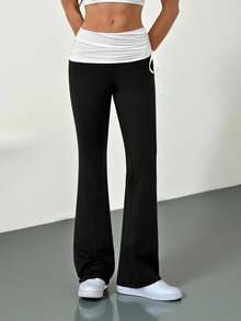 SHEIN Tall Quần ống loe nữ phong cách đường phố thu đông cổ điển thắt dây bên hông kiểu Y2K, quần ống rộng đen trắng đa năng dành cho người nhỏ nhắn. - màu đen - Xem 9