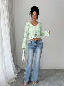 Selianne Cardigan Elegante Feminino com Mangas Flare, Decote Vazado e Amarração, Estilo Boho para Férias e Verão - Verde Menta - Visão 6