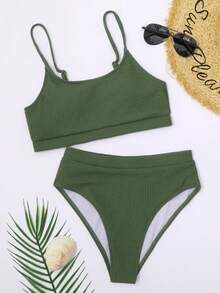 SHEIN Swim Summer Beach Ribbed Bikini Set Wireless Bra Top & High Waist Bikini Bottom 2 Pieces Bikini - Army Green - View 3