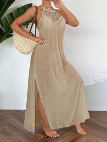 SHEIN Swim Women Summer Holiday Hollow Out Dress With Halter Neck,Summer Beach - Khaki - View 4
