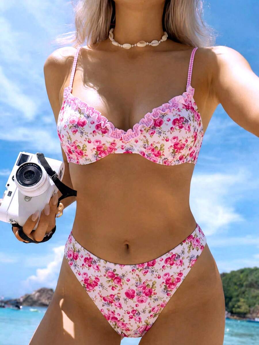 Swim Mod 夏季度假甜美花卉荷叶边吊带露背系带比基尼套装 - 彩色 - 查看 1
