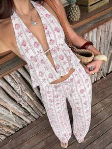 SHEIN EZwear Bộ đồ mặc nhà màu hồng thêu họa tiết dành cho nữ - Hồng - Xem 7