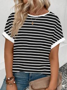 Selamara Women's Casual Striped Print Round Neck Short Sleeve Plus Size T-Shirt, Versatile For Spring/Summer - Multicolor - View 1