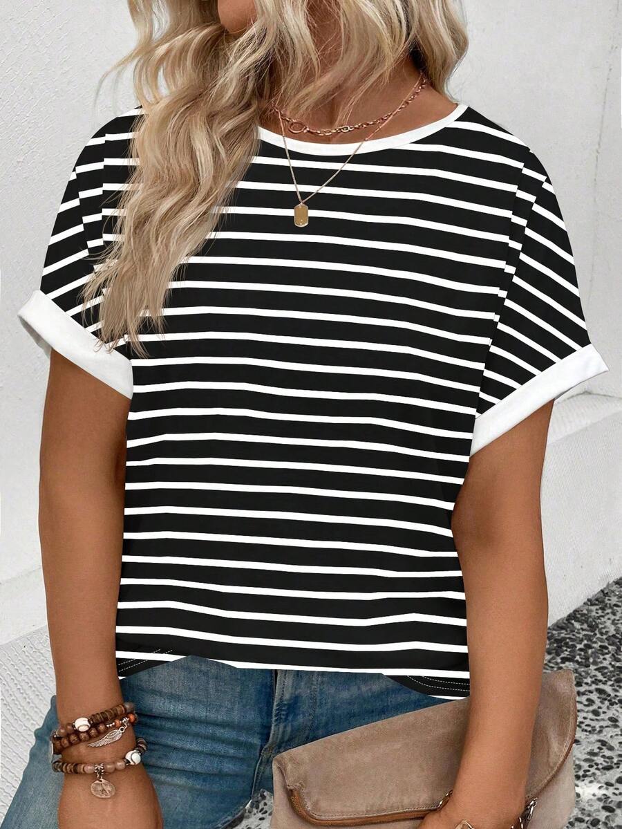 Selamara Women's Casual Striped Print Round Neck Short Sleeve Plus Size T-Shirt, Versatile For Spring/Summer - Multicolor - View 1